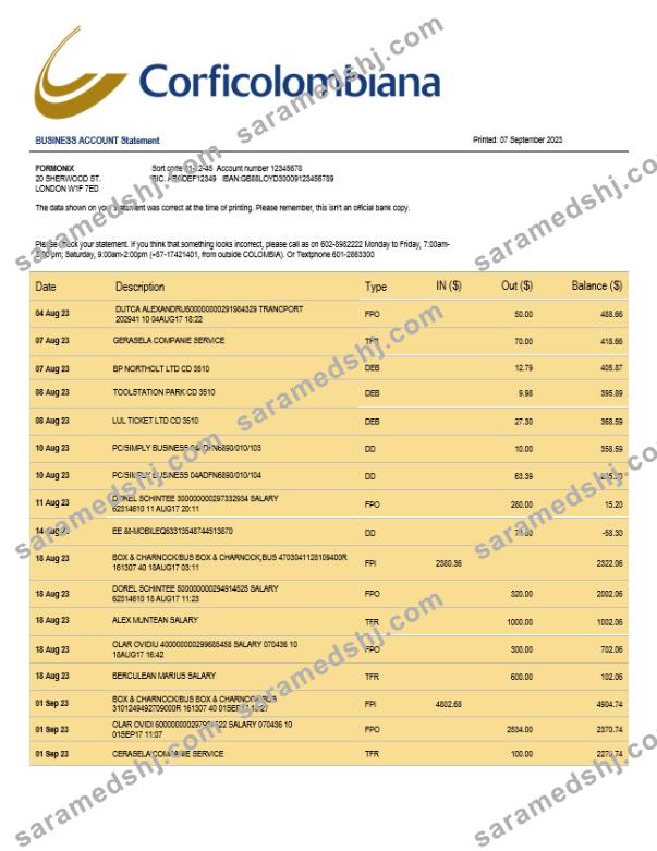 Corficolombiana Bank business checking account statement Word and PDF template